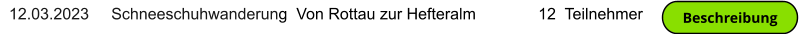 12.03.2023     Schneeschuhwanderung  Von Rottau zur Hefteralm              12  Teilnehmer Beschreibung Beschreibung