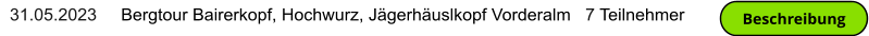 31.05.2023     Bergtour Bairerkopf, Hochwurz, Jägerhäuslkopf Vorderalm   7 Teilnehmer Beschreibung Beschreibung